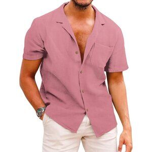 Men's Pink Hawaiian Floral Shirt Cotton Linen Button Down Tropical Beach Shirt